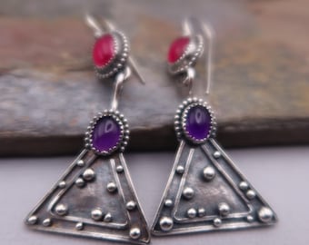 Sterling Silver triangle Metalsmith Earrings Pink Ruby and Purple Amethyst