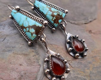 Number 8 Turquoise and Hessonite Garnet Sterling Silver Boho Earrings