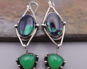 Azurite Malachite and Chrysoprase Artisan Silversmith Sterling silver Earrings