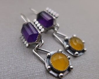 Amethyst and Yellow Chalcedony sterling silver metalsmith earrings