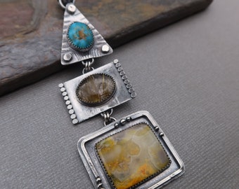 Bumblebee Jasper, Turquoise and Gold Rutile Sterling Silver Metalsmith Pendant