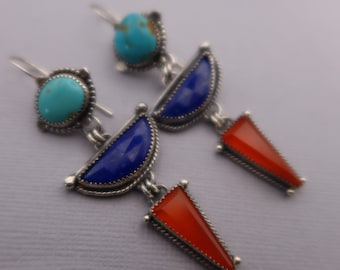 Southwestern Style Turquoise, Lapis and Orange Carnelian Sterling Silver OOAK Earrings