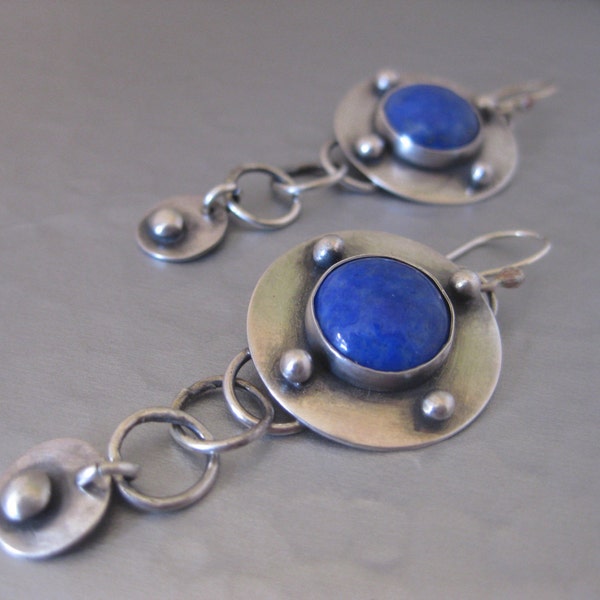 Round Disk Sterling Silver Earrings with Lapis