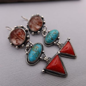 Red Rutile, Turquoise and Red Coral Metalsmith Sterling Silver Boho Earrings