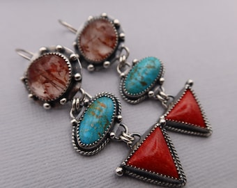 Red Rutile, Turquoise and Red Coral Metalsmith Sterling Silver Boho Earrings