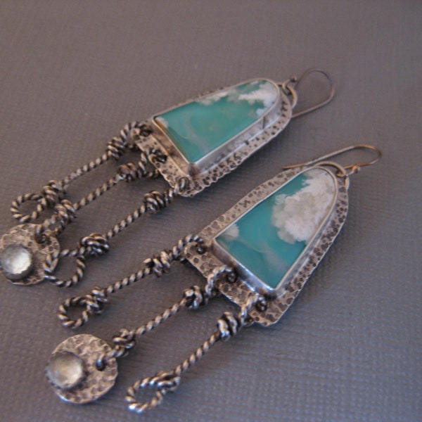 Regency Plume Agate and Sky Blue Topaz Sterling Silver Art Deco Earrings