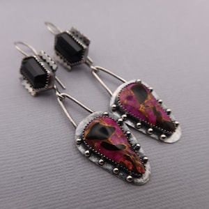 Black Onyx and Pink Calcite Artisan Sterling Silver Earrings