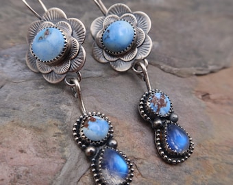 Sterling Silver Mixed gemstone Rainbow Moonstone and Lavender Turquoise Statement Flower Earrings