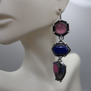 triple drop gemstone collage sterling silver earrings Cobalto Calcite, Lapis and Rose Quartz image 10