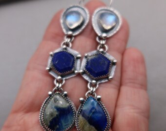Afghanite, Rainbow Moonstone, Lapis Hexagon Sterling Silver Metalsmith Earrings
