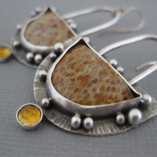 Petrified Palmwood and Citrine Sterling Silver Dangle Artisan earrings Strawberry Frog