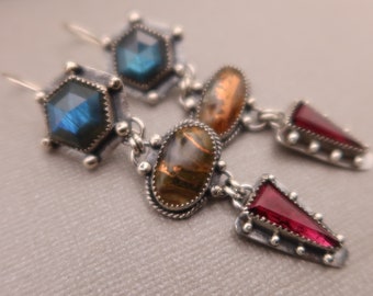 Labradorite, Chrysocolla with copper, Garnet Sterling Silver Statement Metalsmith Earrings