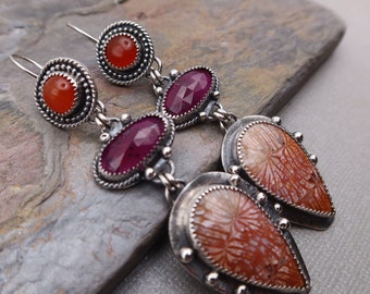 Fossil Coral, Ruby Kyanite and Red Carnelian Sterling Silver Statement Metalsmith Earrings