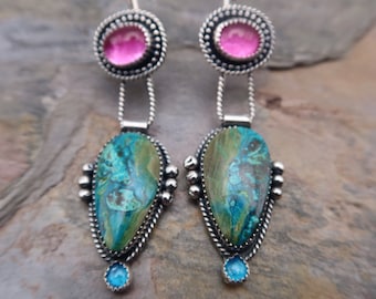 Metalsmith Silversmith Gemstone Sterling Silver Earrings Chrysocolla, Apatite and Pink Sapphire