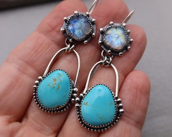 Rainbow Moonstone Flower and Turquoise Sterling Silver Earrings