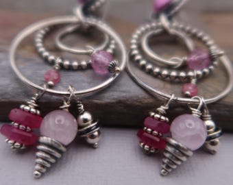 Sterling Silver Hammered Hoop Metalsmith Earrings Pink Sapphire, pink topaz, kunzite, tourmaline