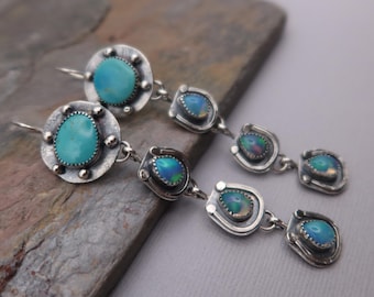 Manassa Turquoise and Ethiopian Opal Sterling Silver Southwestern Silversmith Earrings