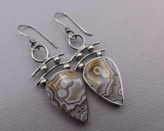 Crazy Lace Agate Asian Style Sterling Metalsmith Earrings