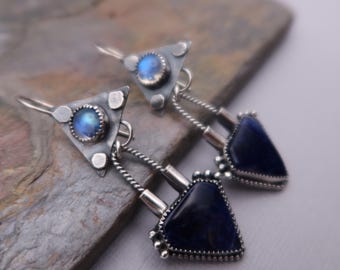Sodalite and rainbow moonstone sterling silver artisan triangle earrings