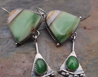 Handmade Sterling Silver Drop Earrings.  Petrified Opalized Wood and Green Garnet