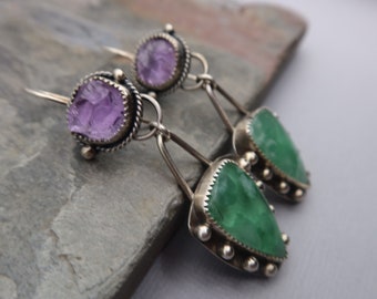 Metallschmied Sterling Silber Hemimorphit und roher rosa Amethyst Ohrringe