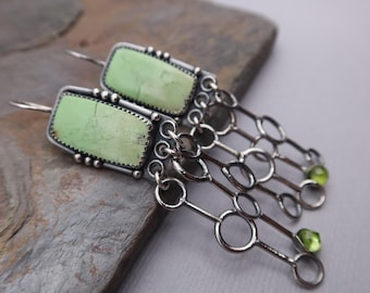 Lemon Chrysoprase and Peridot Long Dangle Chandelier Sterling Silver Earrings