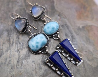 Linear Gemstone Earrings Larimar, Rainbow Moonstone and Lapis Linear Drop Sterling Silver
