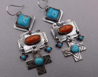 Southwestern Turquoise and Apple Coral Sterling Silver Earrings