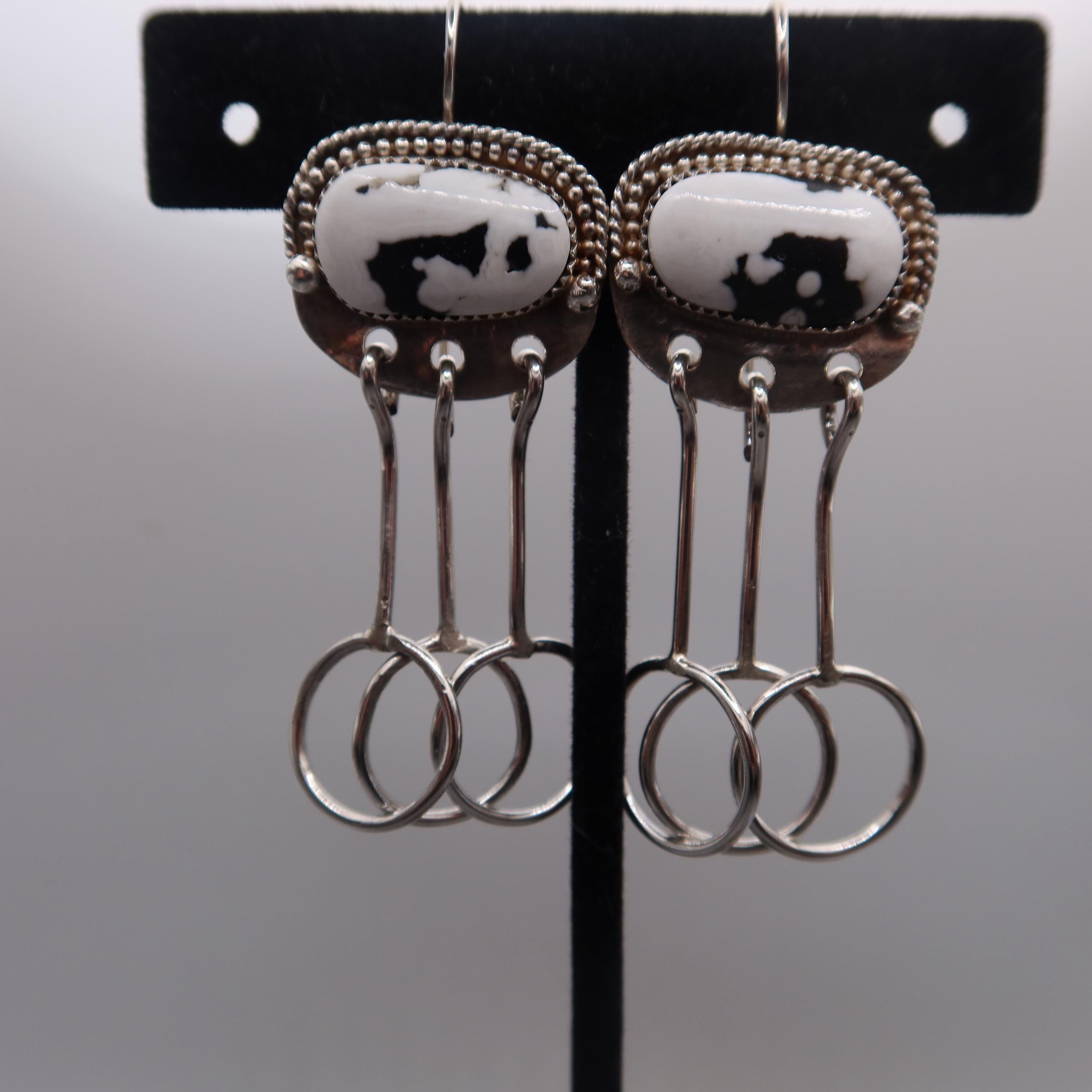 White Buffalo and Black Onyx Earrings~ Sterling Silver  Artisan White Buffalo  Oval & Silver Hoop Drop Earrings display picture 1