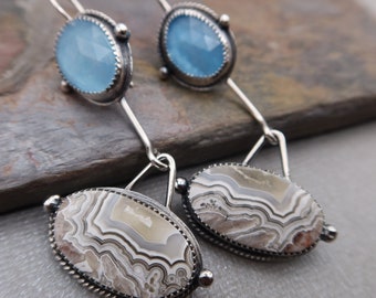 Crazy Lace Agate and Aquamarine Sterling Silver Metalsmith Earrings