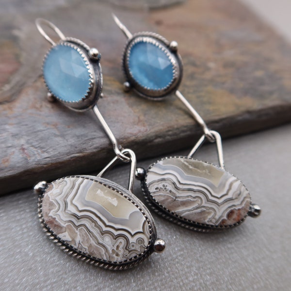 Crazy Lace Agate and Aquamarine Sterling Silver Metalsmith Earrings