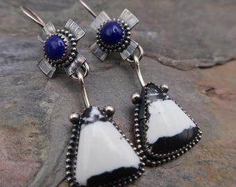 Handmade Sterling Silver Southwestern Gemstone Earrings with White Turquoise and Lapis