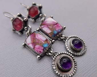 Artisan Triple Drop Sterling Silver Earrings Pink Spiny Oyster, Pink Sapphire and Amethyst