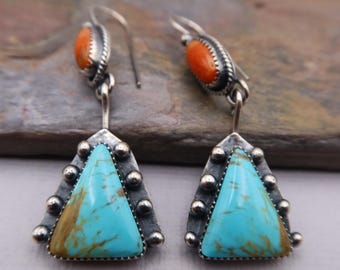 Orange Sponge Coral and Tyrone Turquoise sterling silver metalsmith earrings
