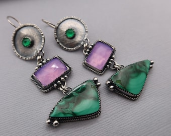 Long Linear Drop Sterling Silver Earrings Malachite, Lavender Quartz and emerald