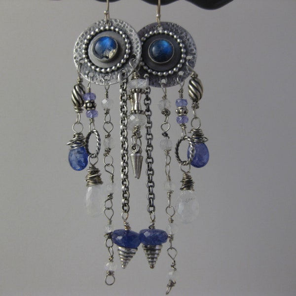 Long Sterling Silver Chandelier Earrings with Rainbow Moonstone and Tanzanite