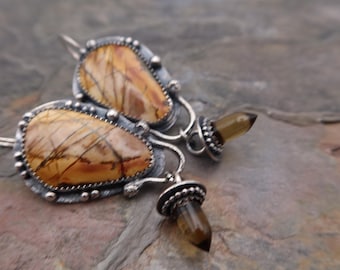 Cherry Creek Jasper and Honey Quartz Bullet Spikes Sterling Silver Metalsmith Earrings