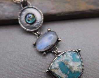 Plume Agate Turquoise Doublet, Rainbow Topaz and Rainbow Moonstone Artisan Metalwork Necklace Pendant