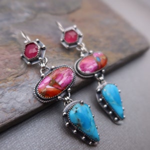 Triple Drop Sterling Silver Earrings Kingman Turquoise, Opal Spiny Oyster, Pink Sapphire