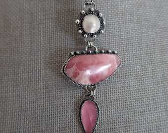 Mabe Pearl, Rhodochrosite and Rose Quartz Sterling Silver Statement Pendant Necklace