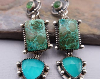Artisan Metalsmith Earrings Chrysocolla, Amazonite and Green Tourmaline