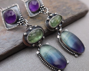 SOLD/Reserved Elegant Linear triple gemstone sterling silver Earrings Fluorite, Amethyst and Green Kyanite