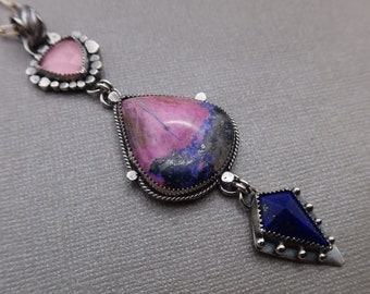 Triple Gemstone Sterling Silver Pendant Cobalto Calcite, Rose Quartz and Lapis