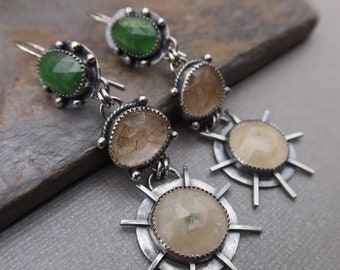 Triple Gemstone Collage Drop Sterling Silver earrings Solar Quartz, Emerald and Gold Rutile