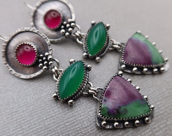 Triple Gemstone Collage Sterling Silver Earrings Ruby, Green Onyx and Ruby Zoisite