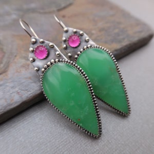 Chrysoprase Rectangle and Pink Sapphire Sterling Silver metalsmith Statement Earrings