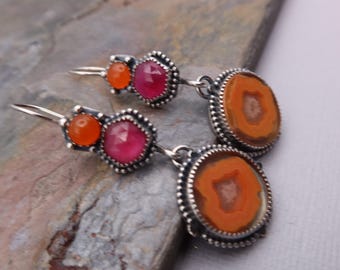Artisan Sterling Silver Metalsmith Earrings Orange Agate, Pink Sapphire, Orange Carnelian