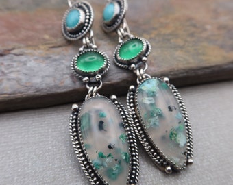 Confetti Chrysocolla, Amazonite, Emerald Long Linear Sterling Silver Metalsmith Earrings