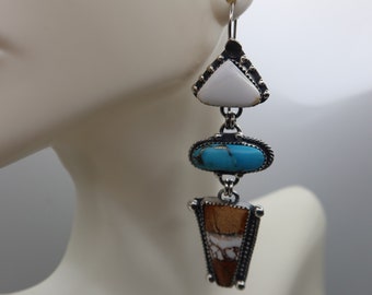 Gemstone Drop Sterling Silver Metalsmith Earrings Wild Horse, Manassas Turquoise, White Turquoise