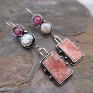 Artisan gemstone collage sterling silver earrings Rhodochrosite, Keishi pearl and pink sapphire
